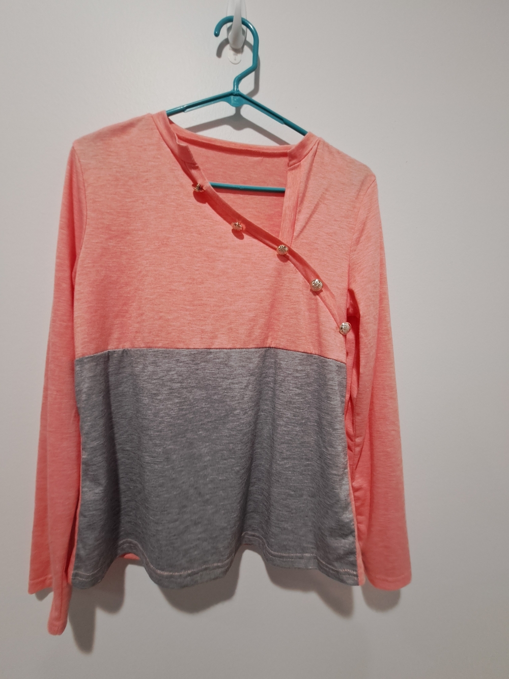 Womens Coral and Gray Colorblock Button-Accent Long Sleeve Top